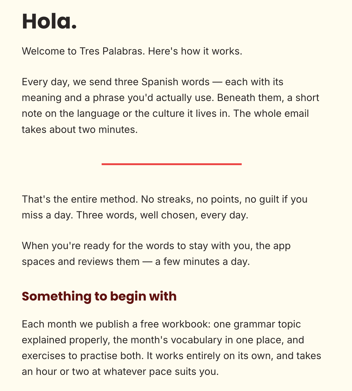 A Tres Palabras daily email showing three Spanish words, each with its phrase and translation