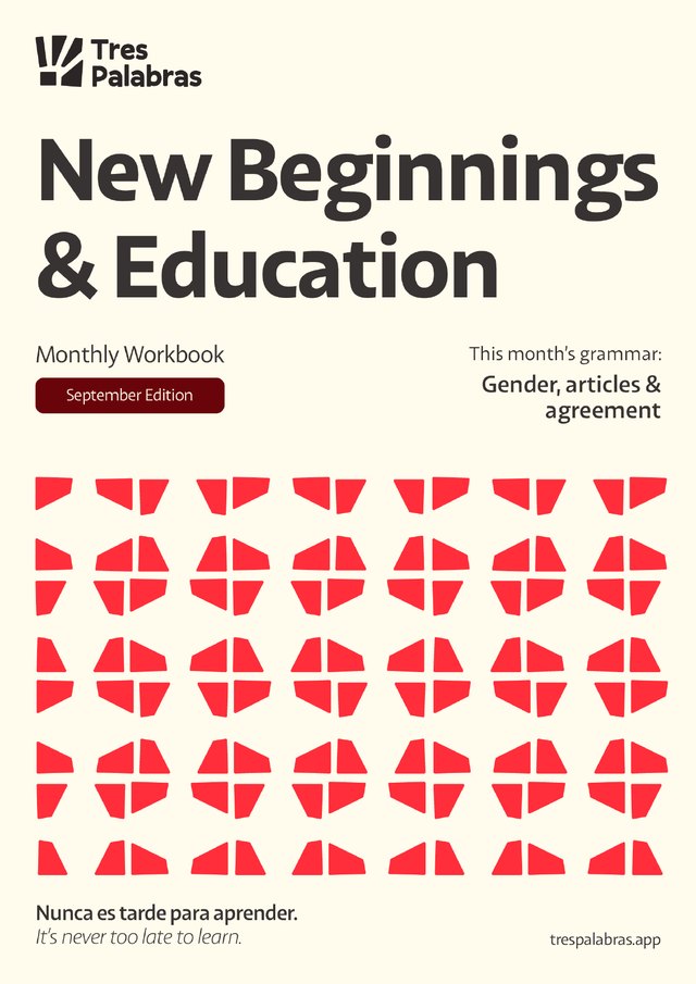Cover of the September workbook, New Beginnings & Education, on gender, articles and agreement.
